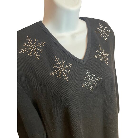 Gepetto Black V Neck Long Sleeve Top Rhinestone Snowflake Design Sz M - Picture 3 of 10